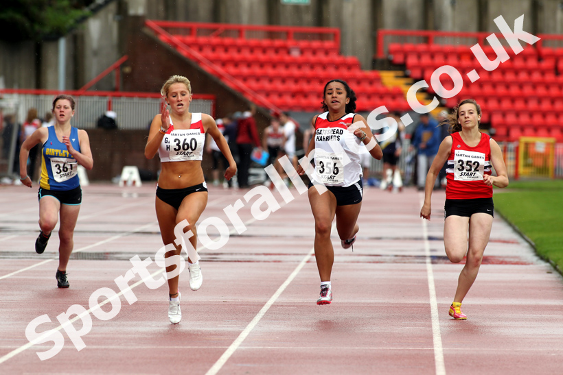 Under-17  100 metres, from left to right: Georgia Dawson, 356 Ashley Hutchinson (both Gateshead) and Laura Mole (NSP), Gateshead Tartan Games